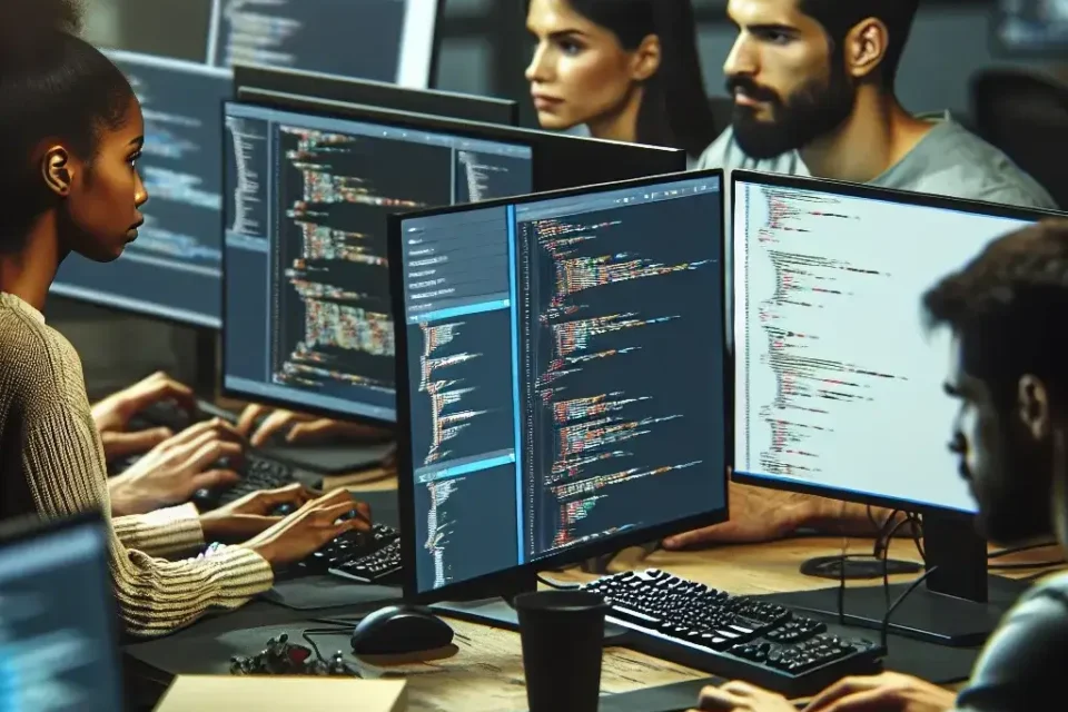 "Desarrollador configurando entornos de desarrollo, pruebas y producción en una pantalla de ordenador, ilustrando soluciones para gestionar configuraciones multi-entorno en el artículo 'Soluciones para Gestionar Configuraciones Multi-Entorno: Guía Completa para Desarrolladores'."