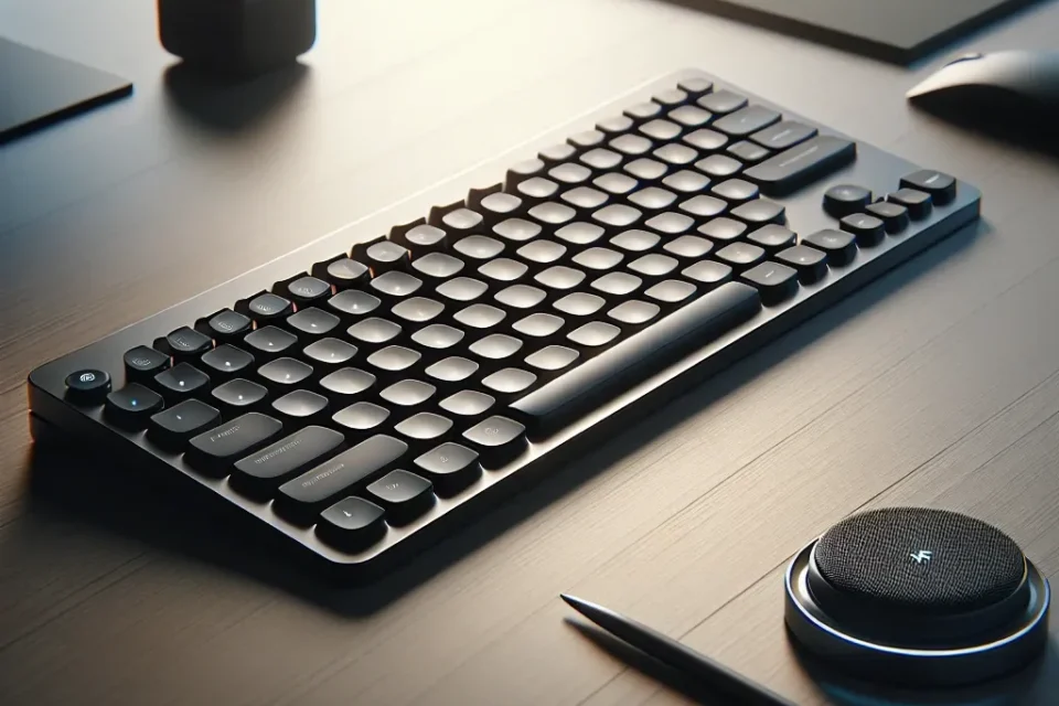 "Logitech MX Keys S teclado inalámbrico con retroiluminación inteligente, mostrando su diseño elegante y teclas iluminadas en un entorno de oficina moderna."