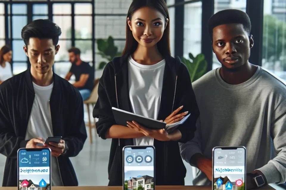 "Imagen de un grupo de profesionales españoles trabajando en una aplicación móvil innovadora para la gestión de comunidades de vecinos, destacando la tecnología y la colaboración en el sector de las startups."