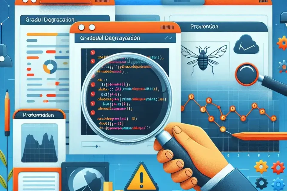 "Gráficos y métricas de monitoreo de aplicaciones que ilustran soluciones para detectar degradaciones graduales, destacando estrategias de prevención y mantenimiento en tecnología."