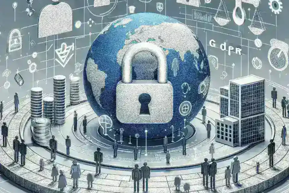 "Infografía sobre el GDPR y sus implicaciones actuales para usuarios y empresas, destacando derechos de protección de datos, responsabilidades legales y escenarios de cumplimiento."